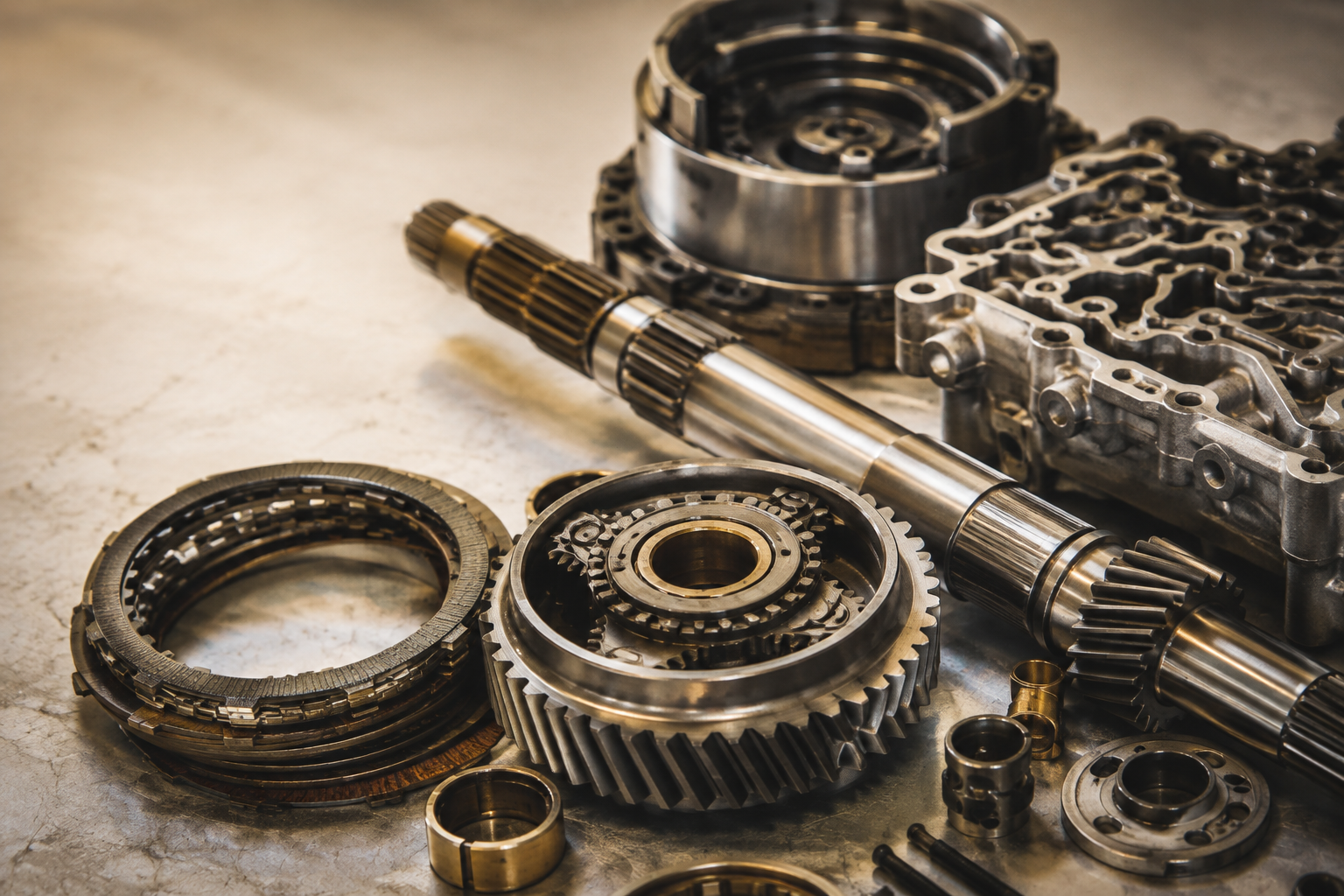 Illustration of disassembled transmission gears, clutch plates, and a valve body on a workbench